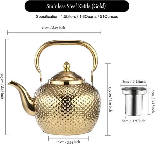 Vista 2 de Tetera con parte superior para estufa, hervidor de té de 1.6 cuartos para estufa, hervidor de agua de acero inoxidable, tetera de café, tetera
