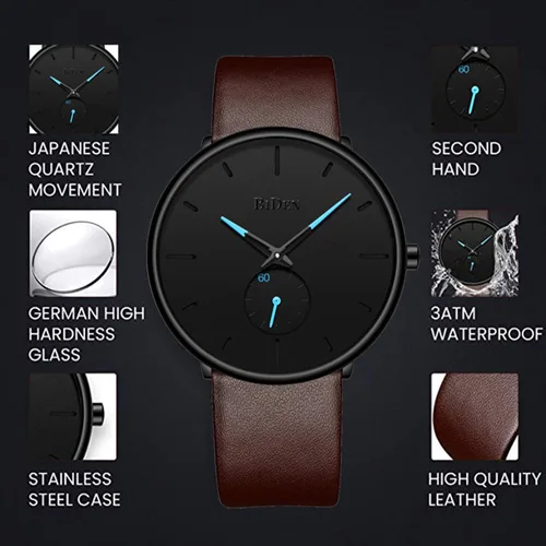 Vista 3 de Mens Watches Minimalist Ultra Thin Waterproof Fashion Dressy Wrist Watch for Men Business Casual Luxury Quartz Analog Watch