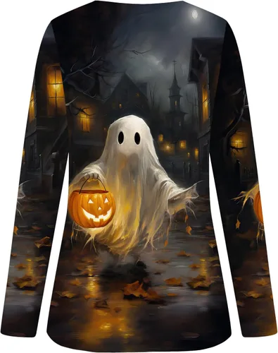 Vista 5 de Camisas de Halloween 2023 para mujer, camisetas casuales con gráficos de calabaza, camisetas de manga 34, blusa tipo túnica de cuello redondo