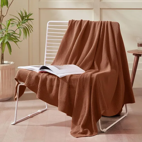 Vista 2 de Treely manta de punto de 100 % algodón, para sofá, silla, cama, decoración del hogar, manta de punto decorativa, suave y acogedora, 50 x 60 Marrón