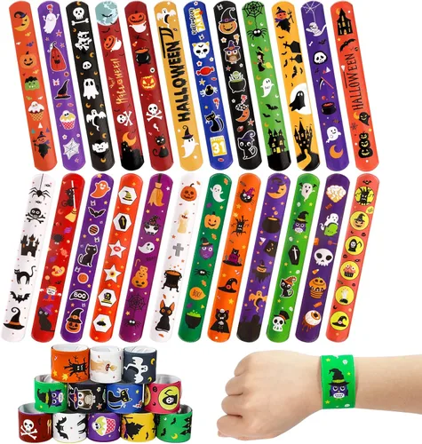 Vista 7 de MGparty 72 pulseras de Halloween Slap 24 diseños temáticos de Halloween, araña, calabaza, fantasma, zombi, murciélago, brujas, pulseras a presión
