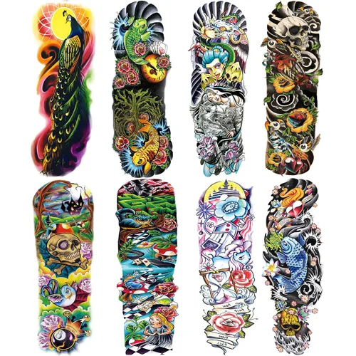 Vista 9 de Pegatinas de tatuaje de manga de león falso, brazo completo, tatuajes temporales para adultos, niños, mujeres, maquillaje, 8 hojas
