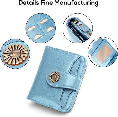Vista 5 de INSIFEEL Billetera pequeña para mujer, bolso compacto de cuero con bloqueo RFID RFID para mujer, Azul claro, Retro
