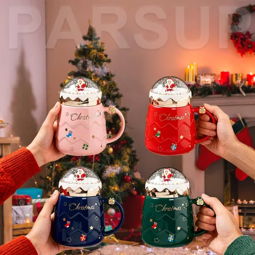 Vista 6 de Taza navideña PARSUP, lindas tazas de té de cerámica con tapa de Santa, taza novedosa para leche, café, chocolate caliente, regalo para mujeres