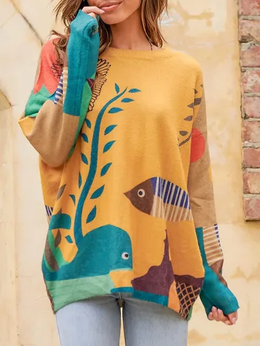 Vista 2 de ANRABESS Suéter bohemio de manga larga con cuello redondo para mujer casual holgado de gran tamaño suéter gráfico