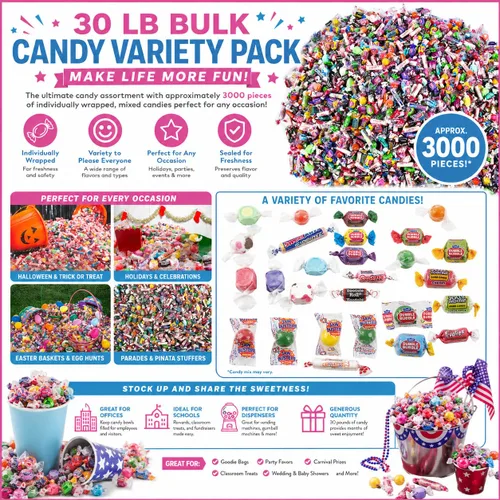 Vista 2 de Fun Express Paquete variado de dulces a granel de 30 libras, dulces de Halloween a granel envueltos individualmente para recuerdos de fiesta
