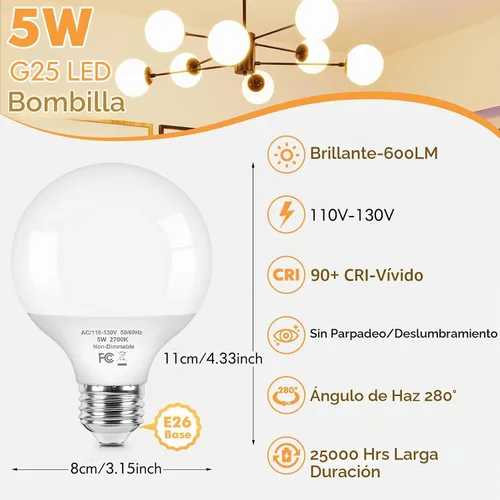 Vista 2 de Brightever Bombillas LED G25 equivalentes a 60 W, bombillas LED de globo blanco cálido de 2700 K con base E26 para baño, bombilla redonda de 5 W