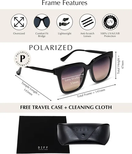 Vista 3 de DIFF Bella Black - Gafas de sol cuadradas de gran tamaño para mujer, protección UV400 con estuche de viaje para regalo, Negro + gradiente crepúsculo