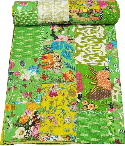 Vista 20 de Marubhumi Colchas hechas a mano tradicional de algodón puro con estampado de cachemira Kantha, funda de cama reversible con estampado de cachemira