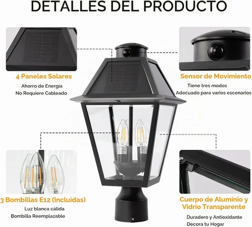 Vista 4 de LUTEC Lámpara de poste solar al aire libre con sensor de movimiento, luz de poste impermeable del atardecer al amanecer con tres modos, accesorios