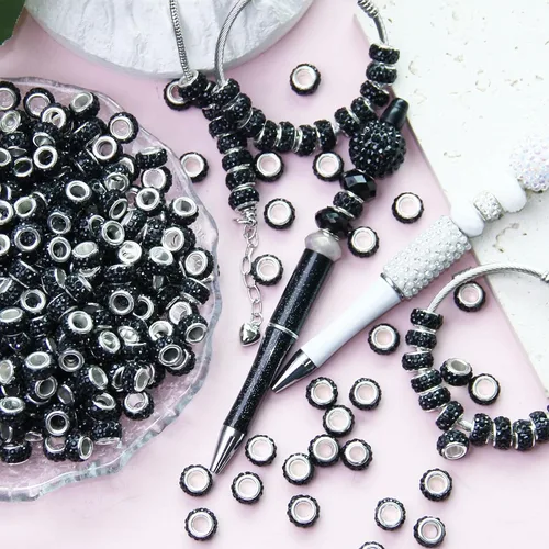 Vista 5 de 60 Piezas Cuentas Espaciadoras de Diamantes de Imitación con Agujero Grande Cuentas Espaciadoras Negras Europeas para Manualidades Cuentas Grandes