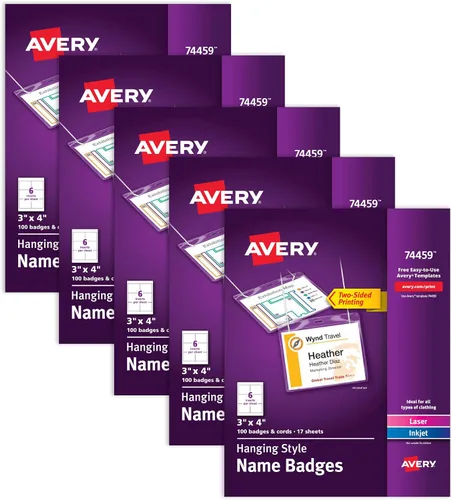 Vista 12 de Avery Insignias de nombre personalizables, 3" x 4", insertos imprimibles por láser/inyección de tinta, 100 portaetiquetas con cordones (74459)