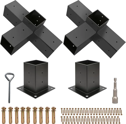 Vista 10 de Kit de pérgola Grehitk - Soporte de esquina de ángulo recto de 5 vías para bricolaje Base de poste de madera para cenadores, patio, cabaña