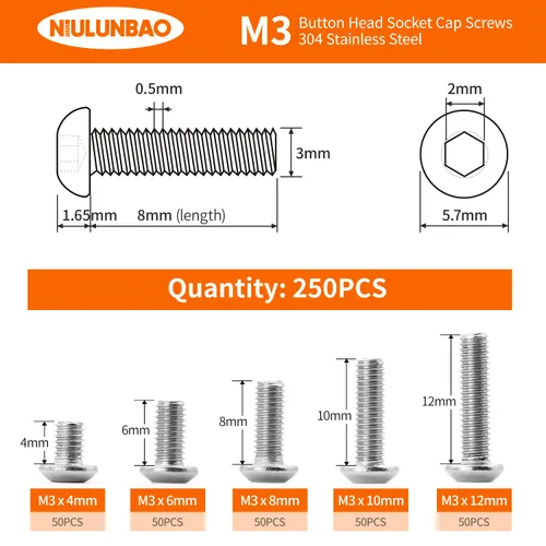 Vista 2 de Tornillos de cabeza de botón M3 x 4 mm, 6 mm, 8 mm, 10 mm, 12 mm, tornillos de cabeza de botón, acero inoxidable 304, totalmente roscado, unidad