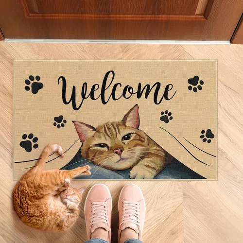 Vista 2 de Heyfibro Tapete de bienvenida para puerta de gato, tapete antideslizante de huella de mascota, decoración familiar, 29 x 17 pulgadas, tapete de goma