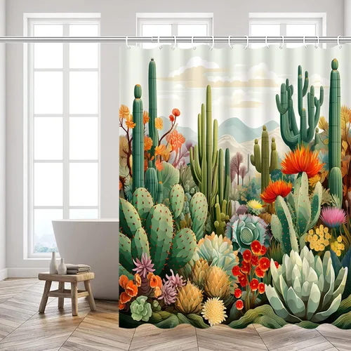 Vista 2 de Cortinas de ducha de cactus con plantas tropicales y flores, flores suculentas, desierto, montaña, paisaje, decoración de baño, cortinas de tela