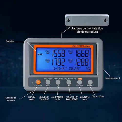 Vista 8 de Registrador de datos de termopar de 4 canales -328 ~ 2498 ° F, registrador de datos de temperatura con tarjeta SD de 8 GB, registro automático
