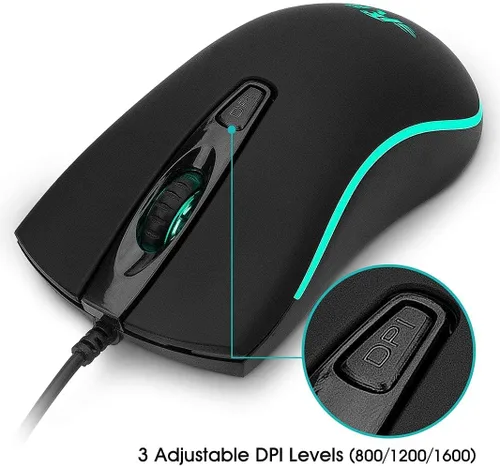 Vista 3 de Rii Ratón con cable RM105, mouse de computadora con retroiluminación RGB colorida, agarre cómodo óptico ergonómico, ratones con cable USB compatible