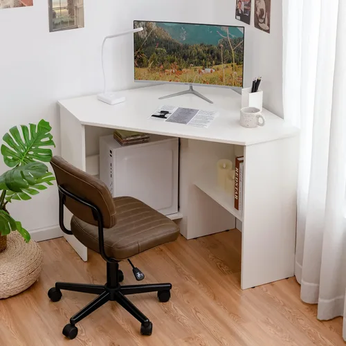 Vista 4 de Augester - Escritorio esquinero moderno, mesa de computadora triangular de 90 grados con estantes, agujero para cable, escritorio esquinero que