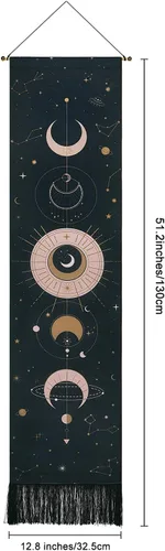 Vista 7 de Arte para colgar en la pared de fase lunar, tapiz bohemio para habitación (negro, 12.8 x 51.2 pulgadas)