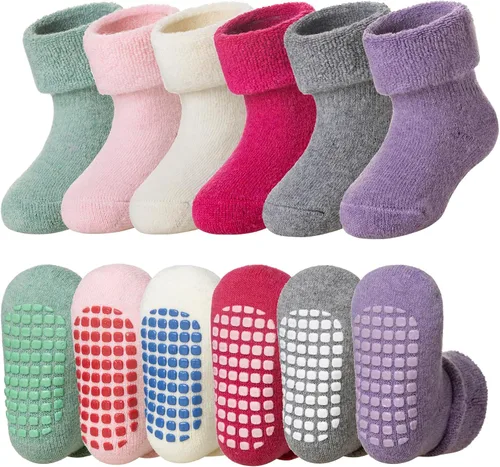 Vista 8 de DoSmart Calcetines antideslizantes para bebés, niños y niñas, cálidos, de lana gruesa, calcetines de invierno con pinzas, 6 pares