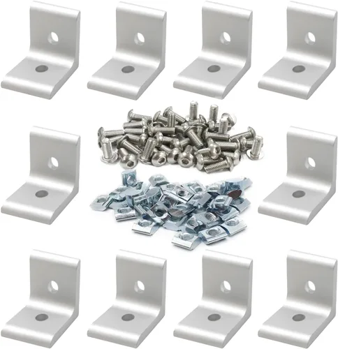 Vista 16 de 8 Conjuntos Perfiles de Extrusión de Aluminio Serie 10 Soportes de Esquina 1010 Conectores en L de Ángulo Recto de 90Grados con Tuercas y Pernos