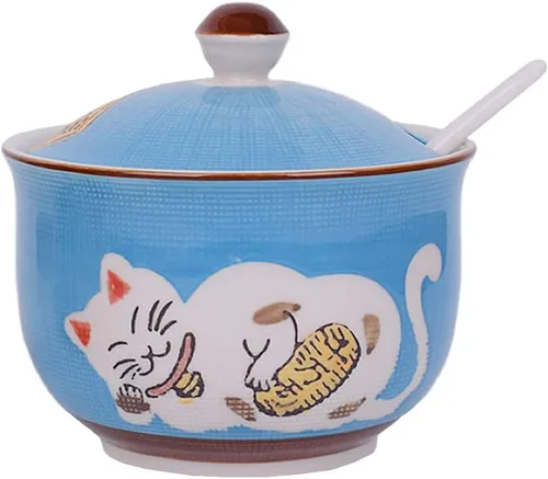 Vista 12 de Cerámica japonesa Maneki Neko Lucky Cat Azúcar Sal Pimienta Tarro de almacenamiento con tapa y cuchara