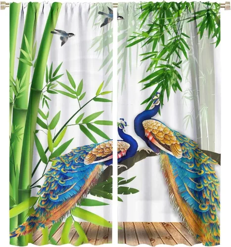 Vista 27 de Cortinas opacas de pavo real, hermoso patrón de estampado de flores de pavo real azul, estampado de mariposas y pavo real, juego de 2 paneles