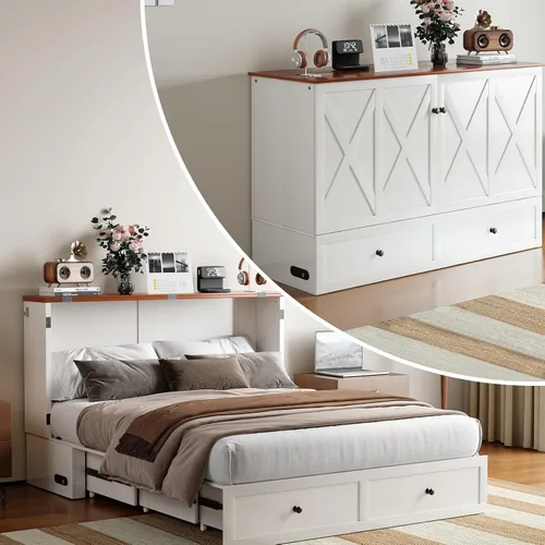 Vista 11 de PUREMIND Cama Murphy de tamaño completo con gabinete, marco de cama escondite multifuncional con cajones de almacenamiento, puertos de carga USB