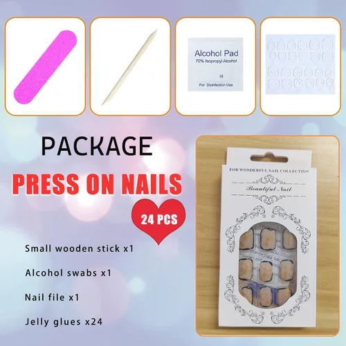 Vista 6 de Uñas postizas francesas con punta negra y borde corto, uñas falsas con diseños de hoja de oro, uñas de acrílico artificiales de cobertura completa