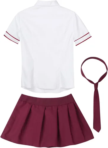 Vista 2 de YOOJIA Uniforme para mujer, disfraz de cosplay de manga corta, camisa de corbata con falda a cuadros, conjuntos de 3 piezas