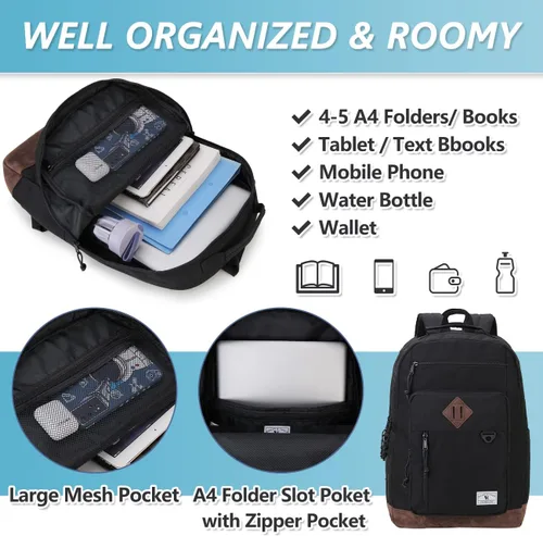Vista 4 de VX VONXURY Mochila para hombres y mujeres, mochila ligera con múltiples bolsillos, mochila de viaje clásica resistente al agua, grande-negro