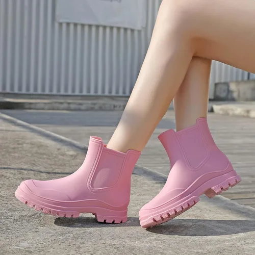 Vista 5 de Hsttgsr Botas de lluvia para mujer, cómodos botines elásticos para adultos, botas Chelsea de tacón medio a la moda, impermeables, antideslizantes