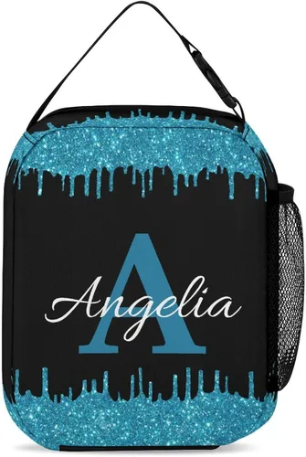 Vista 2 de Bolsa de almuerzo con nombre personalizado para hombres y mujeres, con monograma de purpurina azul, hielera, portátil, con nombre, para niñas