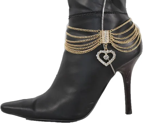 Vista 5 de TFJ - Pulsera de cadena para botas de moda occidental para mujer, diseño de metal dorado, con dije de corazón