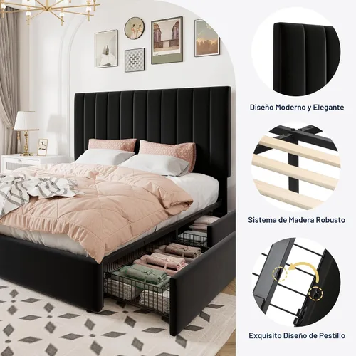 Vista 6 de Allewie Base de cama de almacenamiento de tamaño matrimonial, cabecera ajustable capitoné de canal vertical, plataforma tapizada de terciopelo con 4