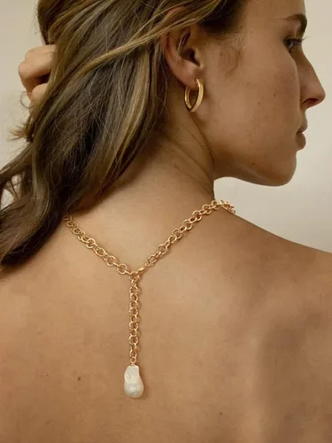 Vista 6 de Chunky 18K Gold Round Rolo Link Chain Lariat Y Necklace Big Simulated Baroque Pearl Pendant Necklace for Women Adjustable Simulated Turquoise Choker