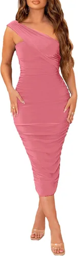 Vista 3 de Halfword Vestido midi sexy de un hombro para mujer, fruncido, entallado, con cordón, para fiesta nocturna, club, cóctel