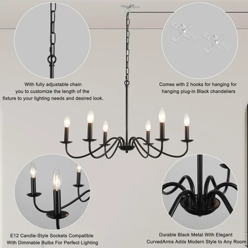 Vista 4 de Lámpara de araña enchufable con cable largo, candelabros estilo granja negros de 6 luces para lámpara de comedor, luces colgantes con cable