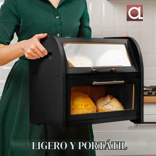 Vista 7 de Arise Panera de Bambú Elegante para Encimera de Cocina, Contenedor de Almacenamiento de Pan de Madera Extra Grande de 2 Estantes con Ventanas Negro