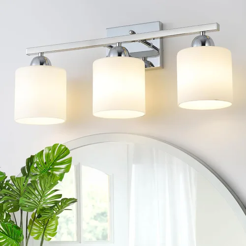 Vista 21 de Mecgirn Luces de tocador de vidrio de leche de acero inoxidable para baño, 2 lámparas cromadas de baño sobre espejo, enchufes E26 de cerámica