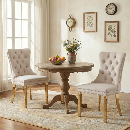 Vista 80 de SoarFlash Juego de 2 sillas de comedor de terciopelo, silla lateral de respaldo alto, silla lateral moderna tapizada de alta gama con botones Beige