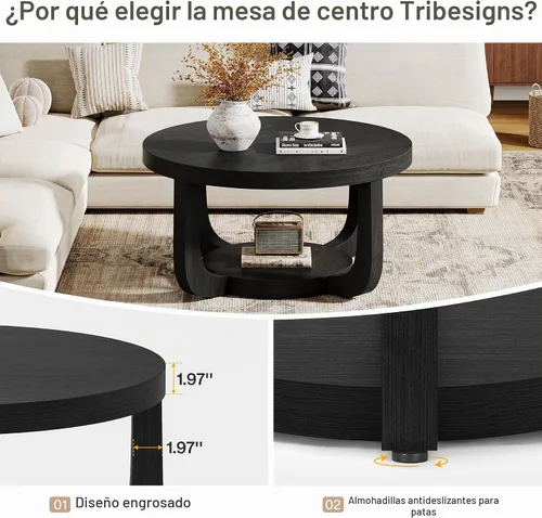 Vista 5 de Tribesigns - Mesa de café redonda, mesa de café circular de 2 niveles con almacenamiento, mesa auxiliar moderna de acento de madera para sala