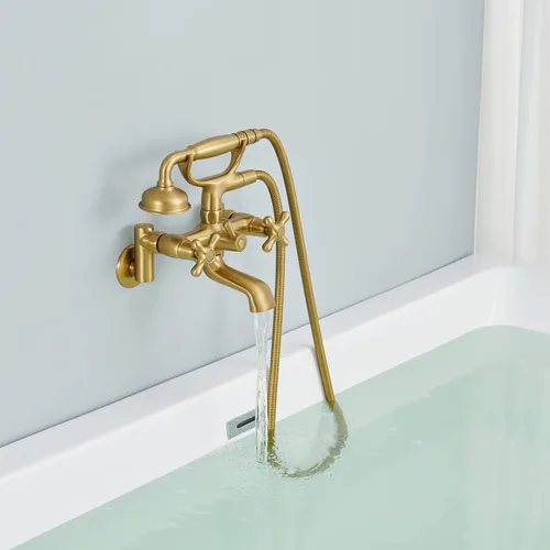 Vista 3 de Clawfoot - Grifo de bañera de montaje en pared, grifos de bañera de oro cepillado con ducha de mano, con forma de teléfono vintage, ajustable de 3 a
