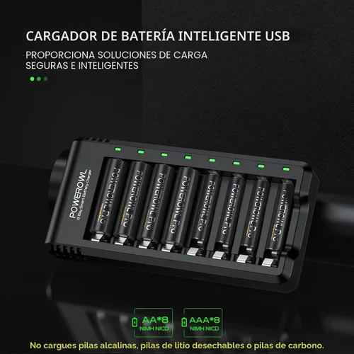 Vista 2 de Powerowl Cargador de Batería de 8 Compartimentos AA AAA, Carga USB de Alta Velocidad, Compartimento Independiente, para Baterías Recargables Ni-MH