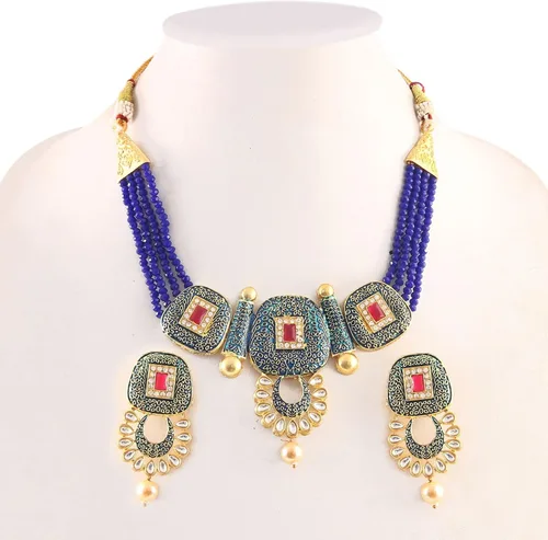 Vista 4 de JewarHaat Bollywood - Juego de collar con cuentas de cristal de ónix, chapado en oro, tono dorado con aretes, joyería para mujeres y niñas