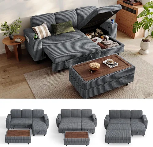 Vista 20 de LINSY HOME Sofá cama seccional con sofá cama extraíble para sala de estar (azul) Plush Corduroy
