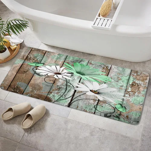 Vista 61 de JAWO Alfombra de baño con flores de granja, dalia en tablones de madera rústica, juego de tapetes de baño con flores azules, en forma de U