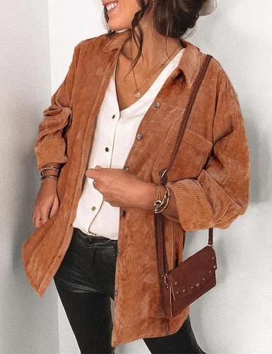 Vista 2 de Saslax Camisa de pana para mujer, de manga larga, con botones, cuello en V, holgada, chaqueta