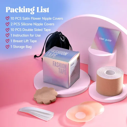 Vista 4 de PULIOU Cinta de pecho para mujer, cinta corporal para levantamiento de senos, 1 par de cubiertas reutilizables para pezones, 1 rollo de cinta